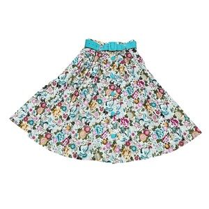 Unique Vintage Multicolor Floral Circle Skirt with Turquoise Belt
